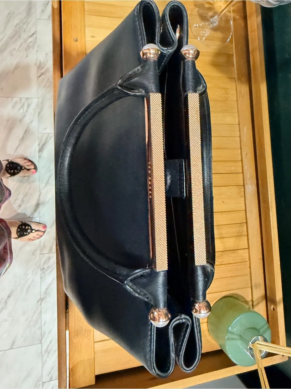 Ted Baker Black Leather Satchel with Rose Gold Accent